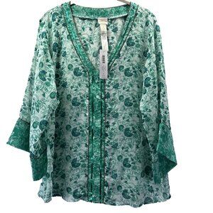Chicos Sheer Tunic Top Size Medium Sequins Green Paisley V Neck 3/4 Sleeves‎ NWT
